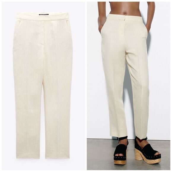 ZARA LINEN BLEND GOLD PANTS WITH METALLIC THREAD - Picture 1 of 7